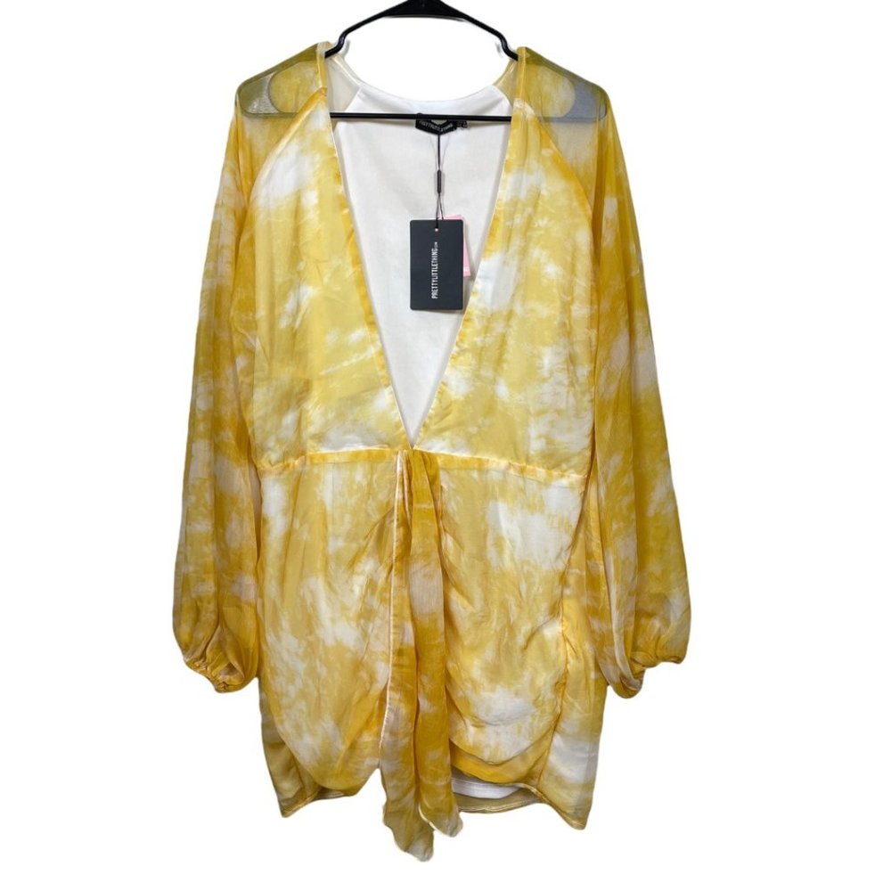 PrettyLittleThing Chartreuse Yellow Tie Dye Chiffon Long Sleeve Bodycon Dress 12